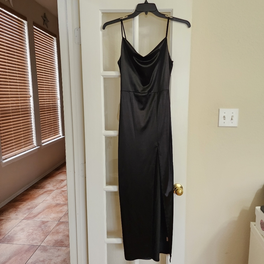 Vibe Sportswear Black Satin Slip Dress Cowl Neck Side Slit Y2K Minimalist 90s